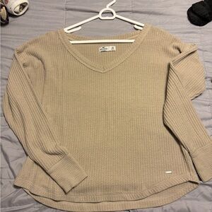 Tan V-Neck Waffle Knit Sweater